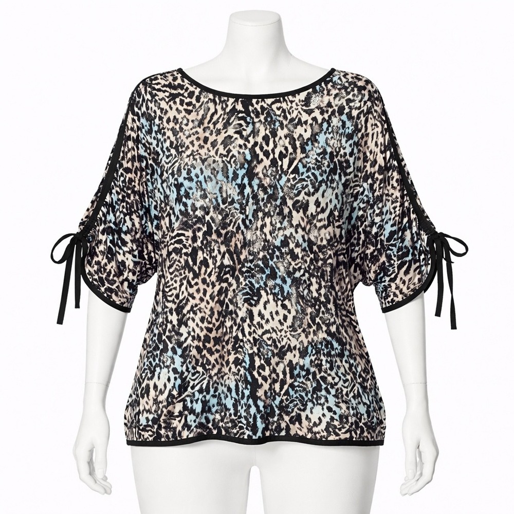 St. John Top Women L Blue Black Leopard Print Cold Shoulder Silk Trim Ribbon Tie